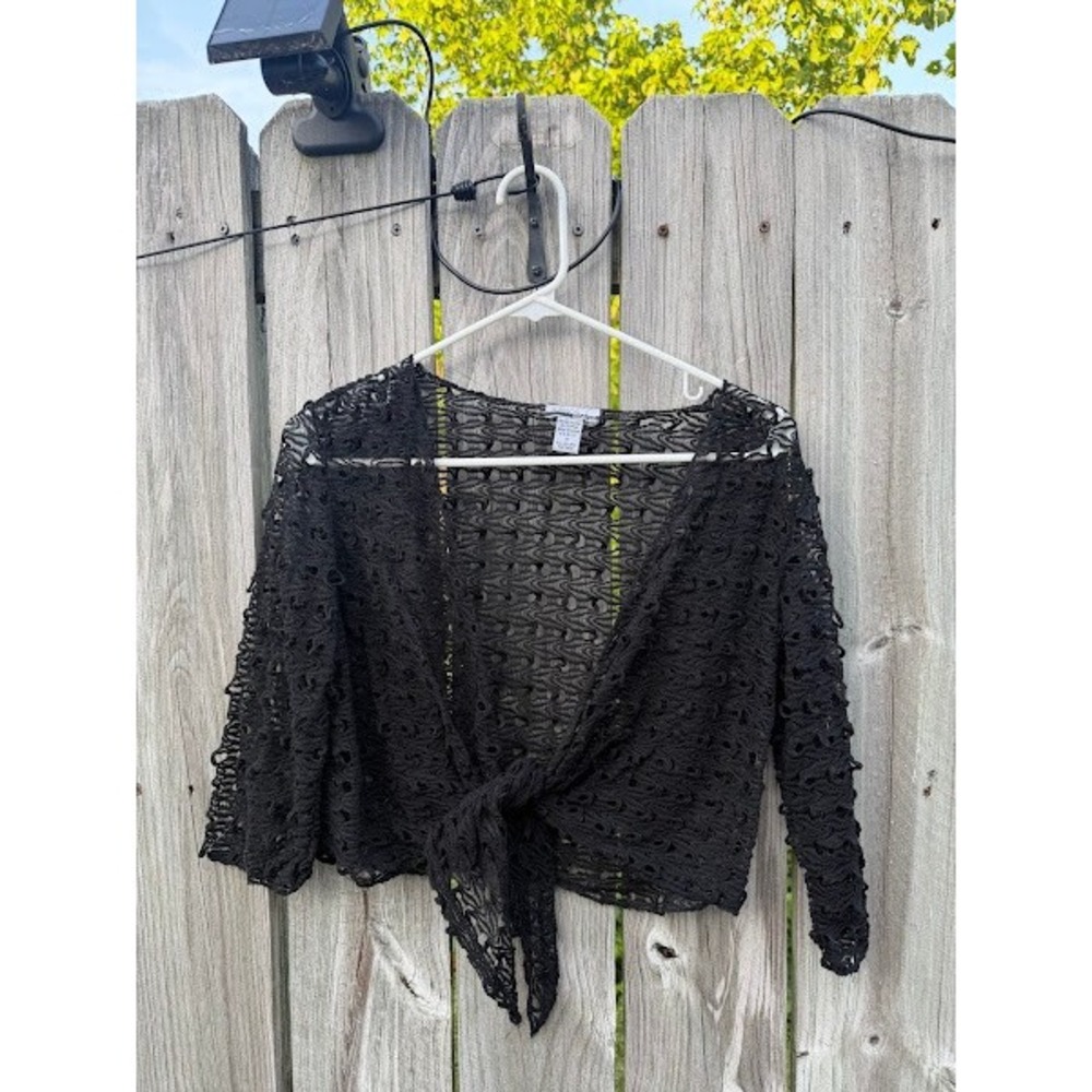 Boho Crochet Open Knit Mirror Image Tie Front Cardigan Womens Small Black